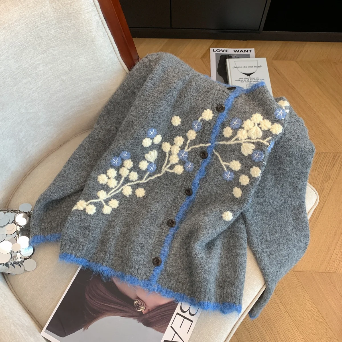 المرأة البحرية التطريز سترة سترة خمر البلوز متماسكة ملابس خارجية طويلة الأكمام سترة الكشمير المعنقة الخريف الشتاء 2000s الملابس