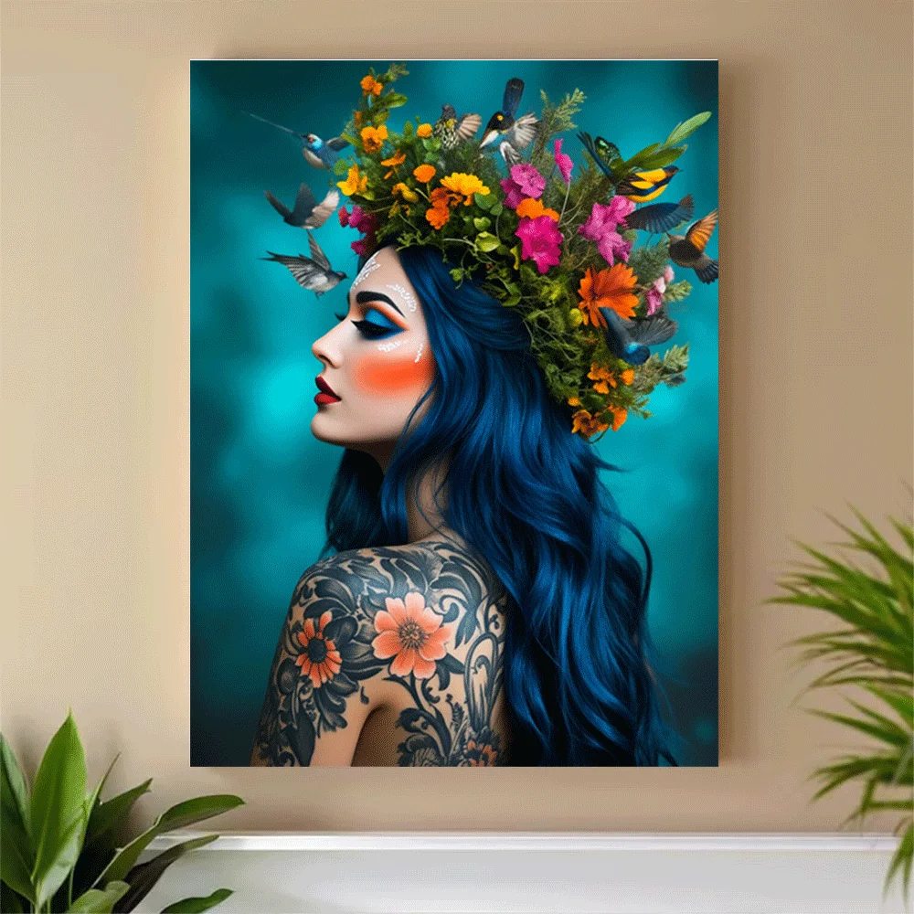 1PC-Unframed Canvas poster wall decoration  Blue Hair Woman Floral Crown Birds Tattoo Art Poster - view 3