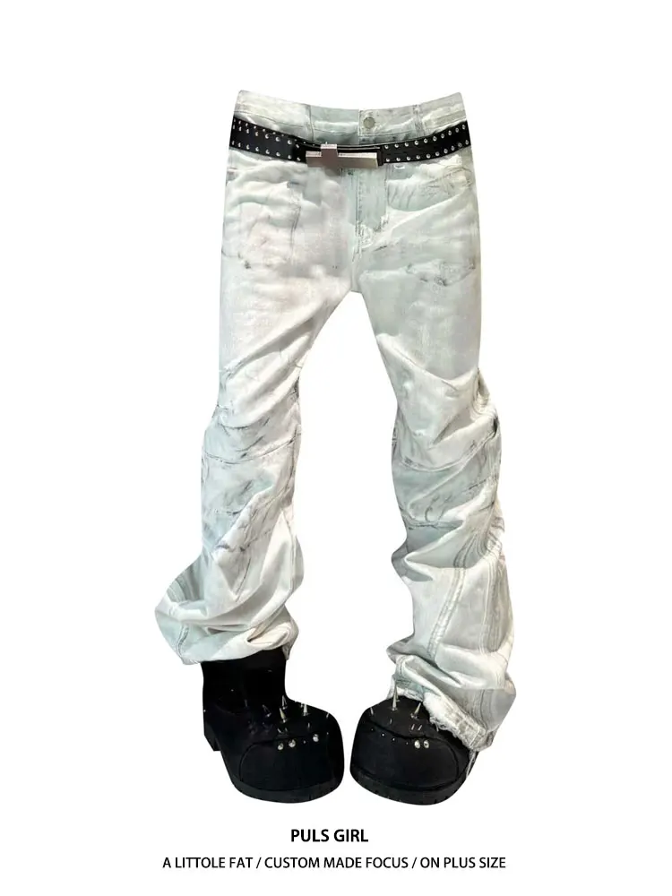 

Женские джинсы-клеш в американском уличном стиле, больших размеров, с эффектом потертости и рваными элементами, свободные, струящиеся, в пол, с высокой талией, для повседневной носки