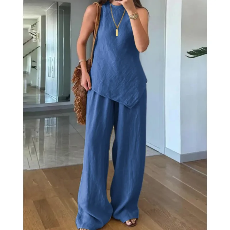 2025 verão novo bainha irregular branco 2 peça define roupas femininas o pescoço sem mangas topos solto casual calças de perna larga conjunto de férias