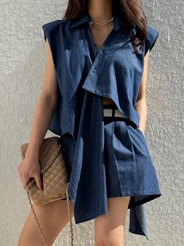 韓国デザイン非対称デニムベストシャツ女性の夏の新しいヴィンテージハイウエストカジュアルショーツセットレディースファッションスウェットシャツ