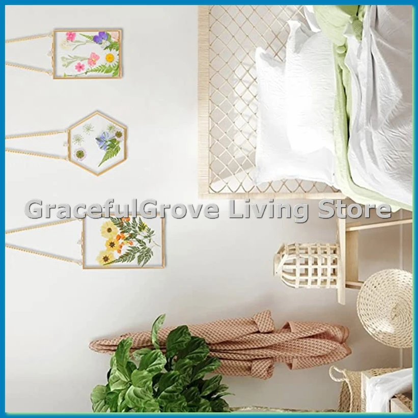 

3 Packs Pressed Flowers Glass Frames- Golden Hanging Glass Picture Frames with Chain Floating DIY Artwork Display Frames-ABFB