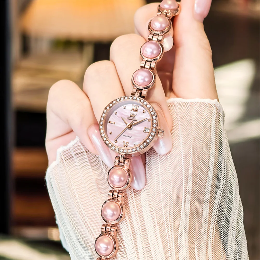 

OLEVS Элитный бренд Жемчужный браслет Женские часы Элегантные модные кварцевые часы из розового золота Водонепроницаемые женские часы с бриллиантами