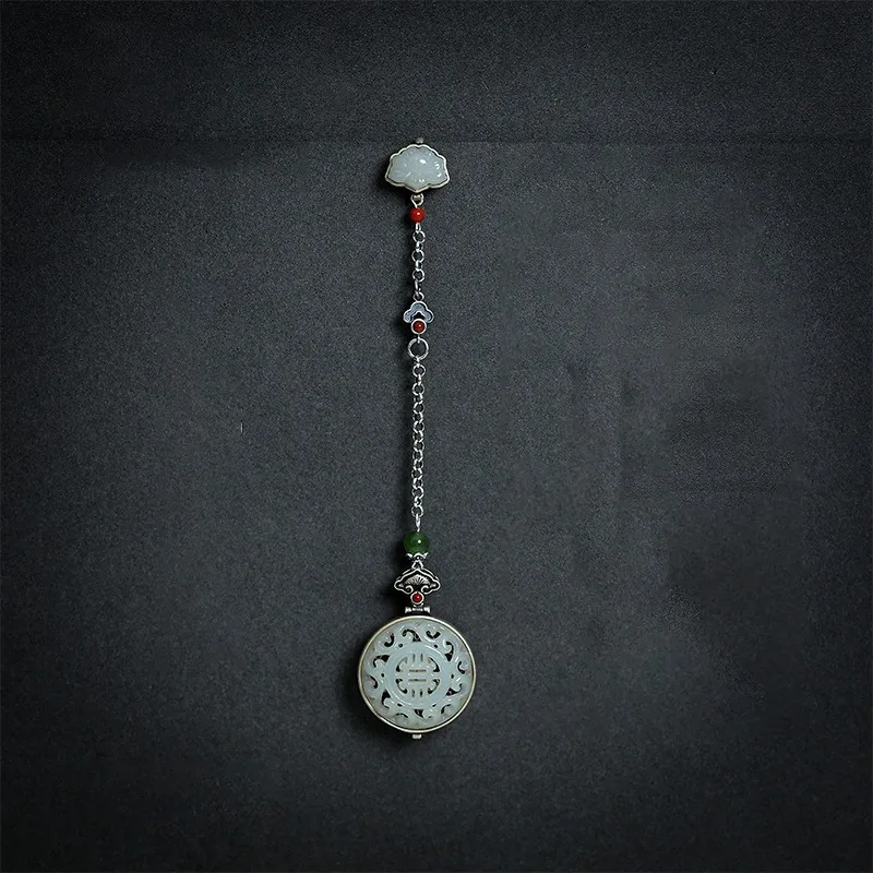 Original Natural Hotan Jade Round Ruyi Button Pendant Openable Vintage Long Chain Tassel 925 Silver Jewelry Hanfu Accessories