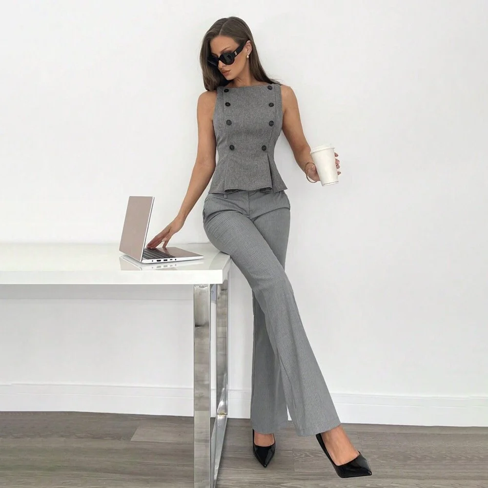 

Luxury Women Suit 2 Piece Jacket Pants Smart Casual Female Clothing Sleeveless Blazer Slim Fit Fromal Tuxedo Conjuntos De Mujer