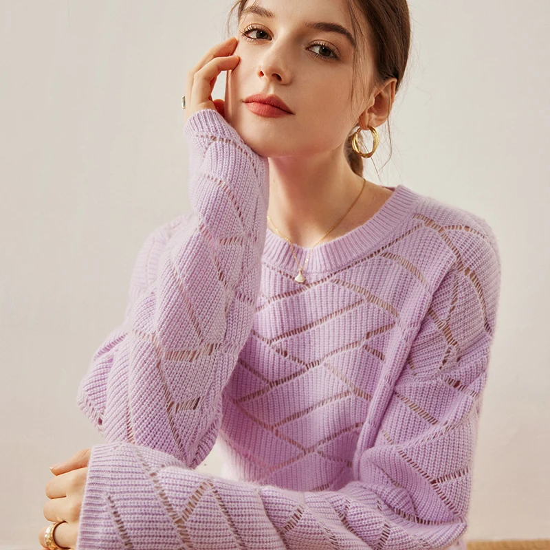 

2025 Spring New 100% Cashmere Women's Clothing Round Neck Knitted Pullover Fashion Hook Flower Thin Base Sweater European Goods