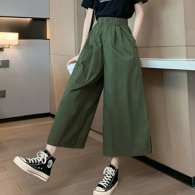 Effen kleur baggy wijde pijpen broek vrouwelijke zomer dunne casual enkellange broek vrouw harajuku losse hoge taille rechte broek