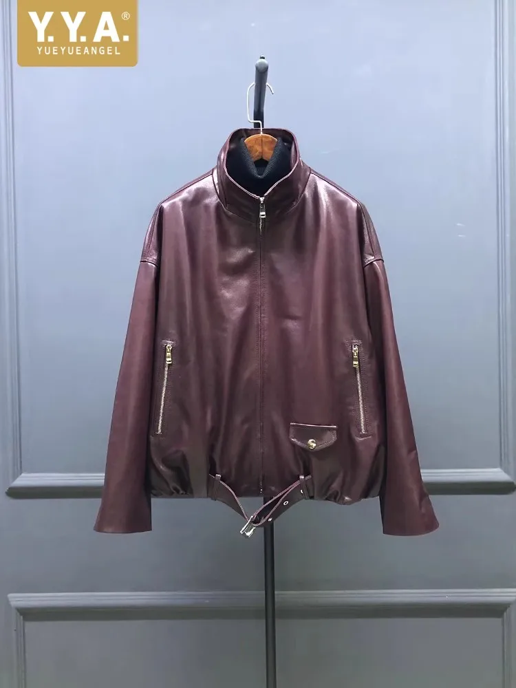 Top Quality Loose Fit Colletto alla coreana Giacca da donna in vera pelle retrò Cerniera Office Lady Autunno Cappotti capispalla in vera pelle di pecora