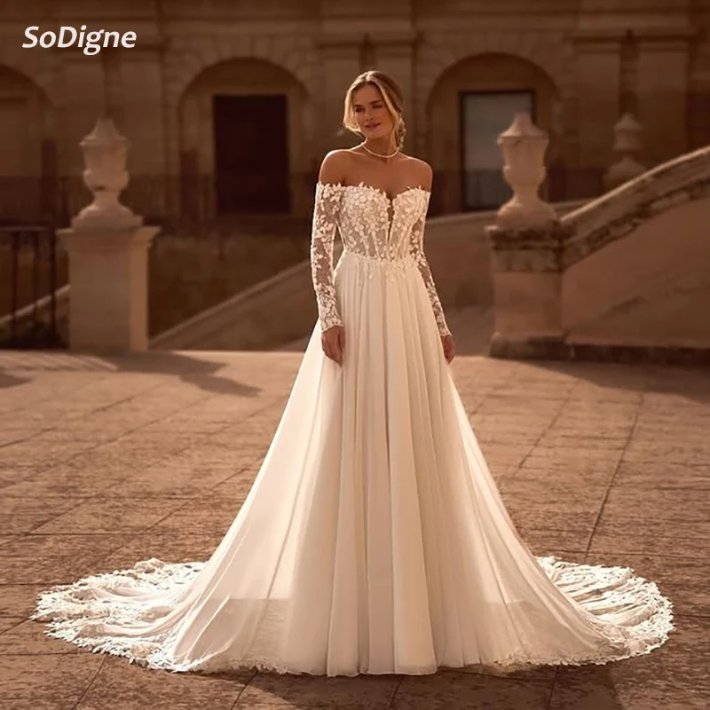 

SoDigne A-line Appliques Chiffon Wedding Dress Off Shoulder Long Sleeves Bride Dresses Bridal Gowns Robe De Mairee Customized