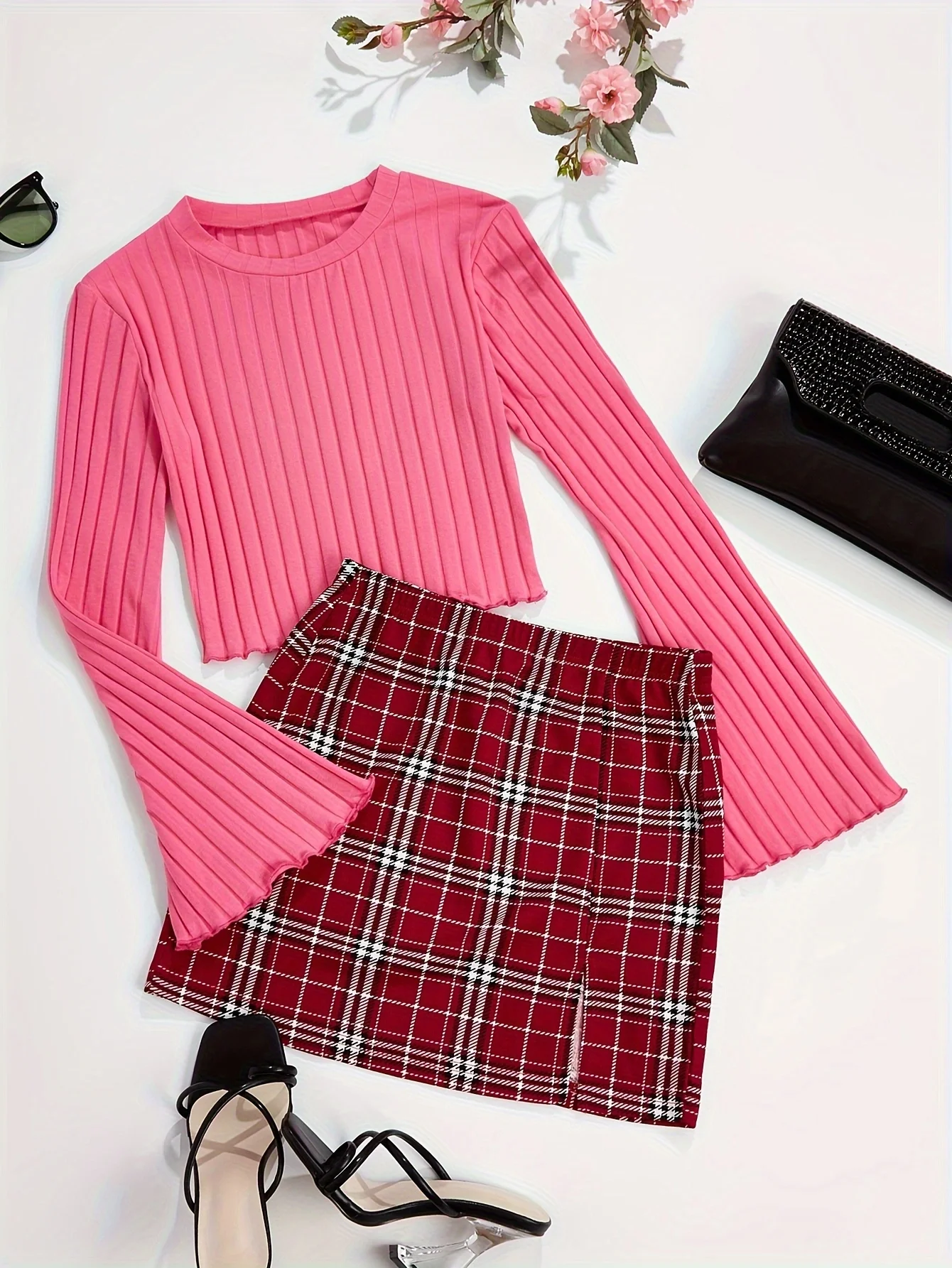 Casual Colorblock Two-piece Skirt Set Ribbed Crew Neck Long Sleeve Top & Plaid Skirts Women\'s Clothing