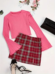 Casual Colorblock Two-piece Skirt Set Ribbed Crew Neck Long Sleeve Top & Plaid Skirts Women's Clothing