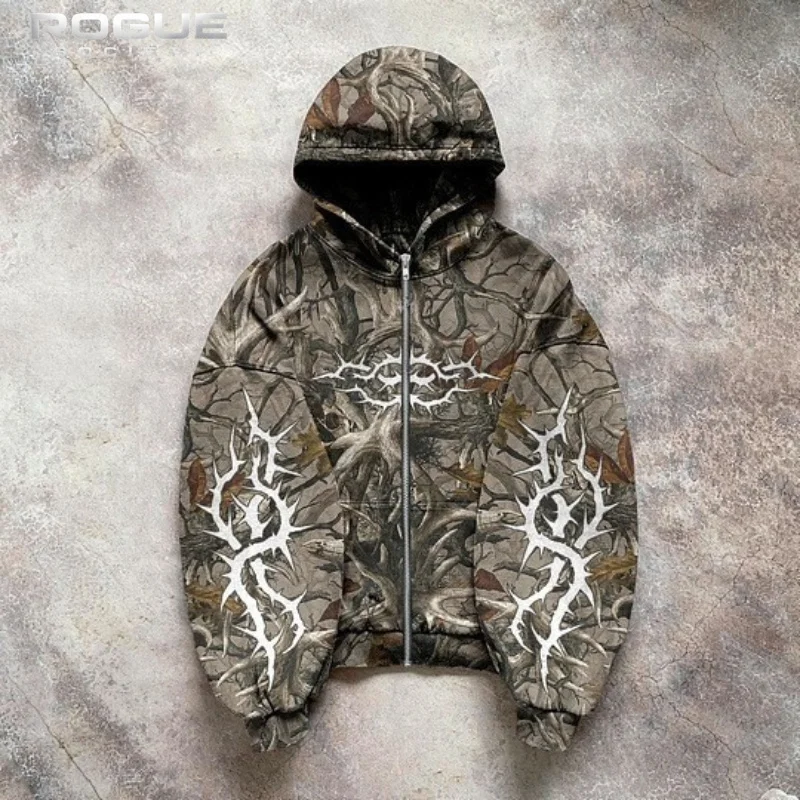Y2K Grunge Streetwear Aesthetic Men Harajuku Hoodie Camo Print Hip Hop Flame Graphic Oversized Pullover Casual Retro Unisex Tops