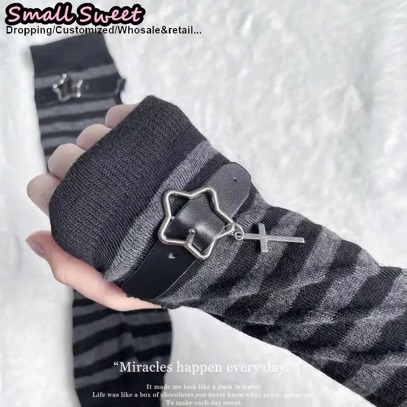 المرأة محبوك القوطية لوليتا Y2k الفتيات لوليتا JK القوط شريط غطاء للأكمام نصف إصبع مدفئات للذراع أصفاد المعصم الدفء قفازات