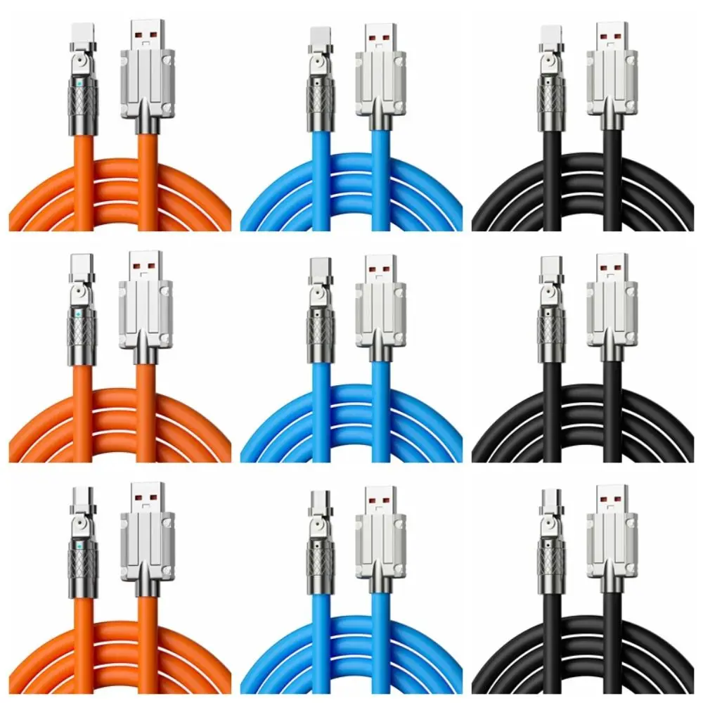 Cabo de carregamento rápido de silicone com luz, IOS Tipo C e Micro USB, Rotação 180 graus, USB A, Cabo de carregamento, 1m, 2m