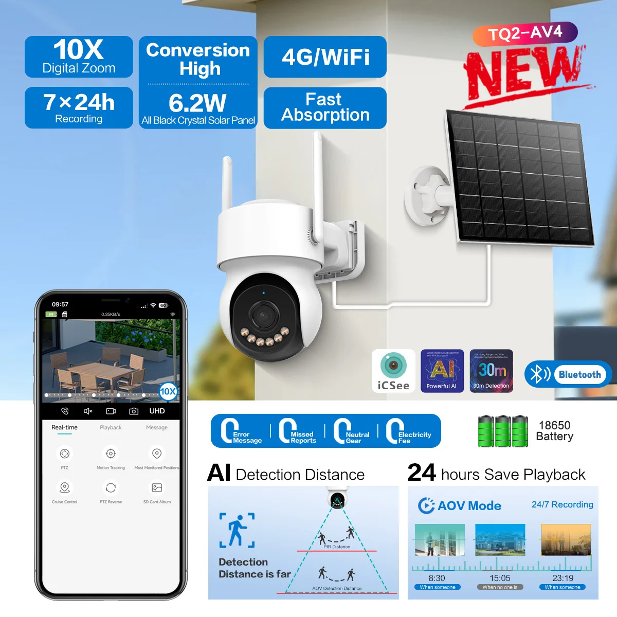 4MP iCsee APP 10x Zoom  Solar Power PTZ 4G/WIFI IP Dome Camera AI Humanoid Detection Full Color Home Security CCTV Baby Monitor
