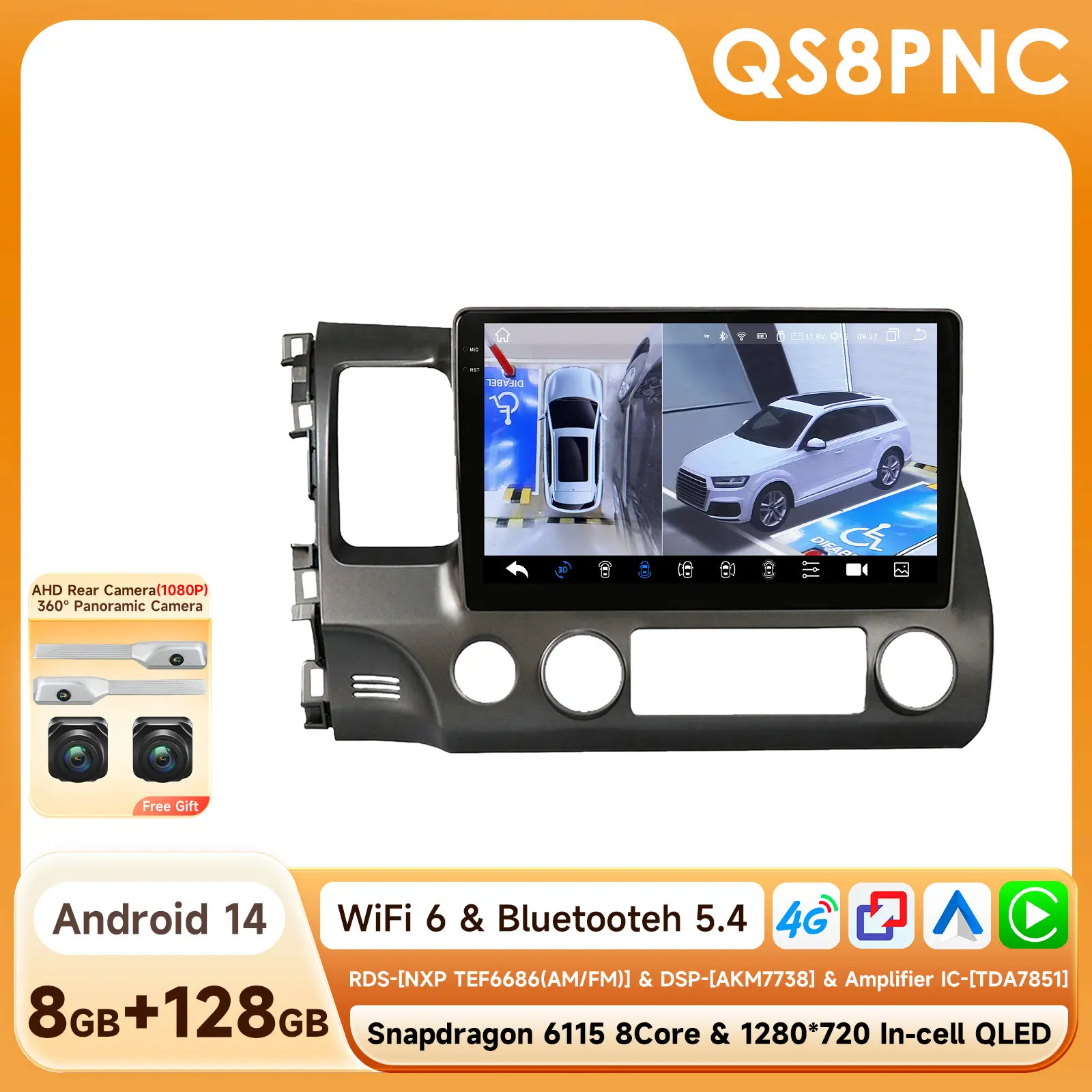 4G Autoradio Android 14 Autostereo Radio voor Honda Civic 8 2006 - 2011 Multimedia Videospeler Navigatie GPS 2Din WiFi Audio BT