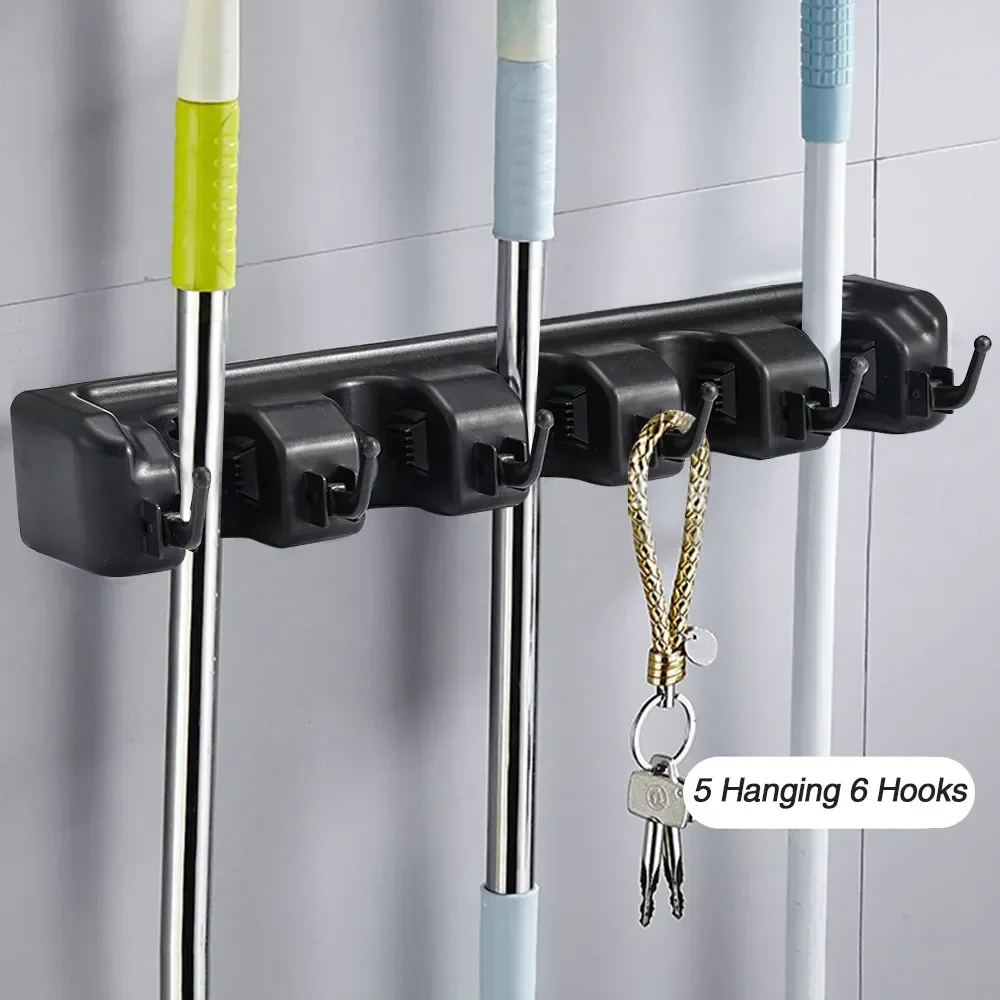 Wall-Mounted Broom Holder with Stainless Steel Hooks for Garage, Closet, and Kitchen Mop and Broom Organizer with Non-Slip Grips