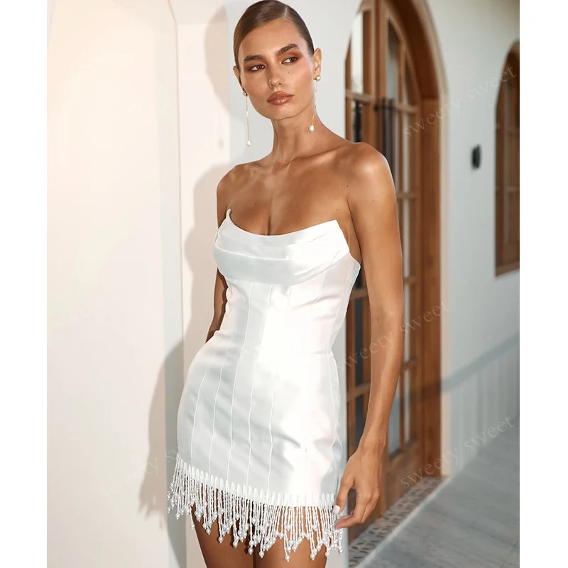 Simplicity Short-Length Wedding Dresses Satin With Pearl Fringe Mini Ball Gown Sleeveless Strapless Customized Bride Dress