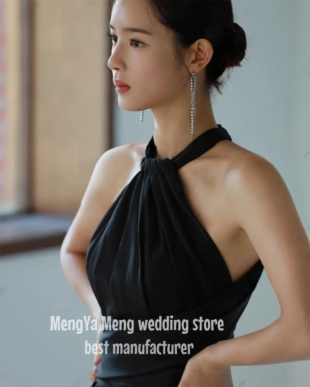 ZHUISHU Gaun Malam Hitam Sederhana Gaun Acara Pesta Formal Panjang Lantai Halter A-Line Gaun Prom Satin A-line Disesuaikan
