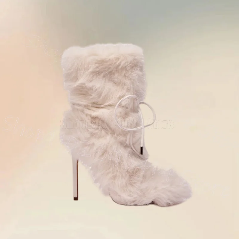 

Beige Fur Design Strappy Pointed Toe Boots Slip On Women Shoes Thin High Heels New Party Dating Winter 2025 Zapatos Para Mujere