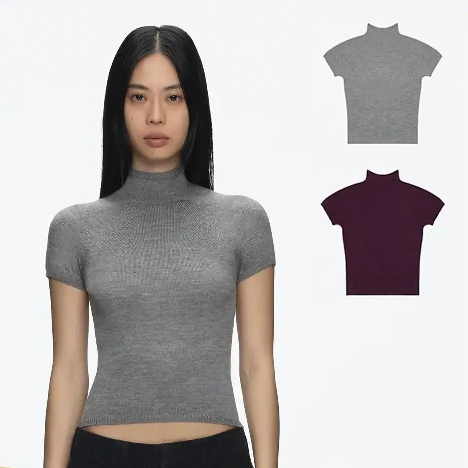 

Tank minimalist style stand-up collar straight shoulder wool knit short-sleeved top