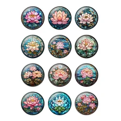 12pcs/lot Summer Lotus Flower Art Patterns 12mm 20mm 30mm Round Photo Glass Cabochon Demo Flat Back Making Findings T232
