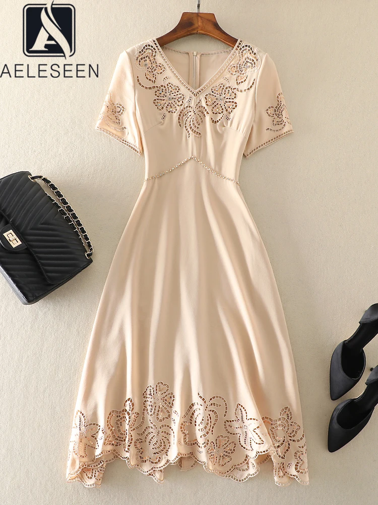 AELESEEN Designer Fashion Women Dress Summer Beige White Black Flower Hollow Out Beading Ruffles Elegant Knee-length Party