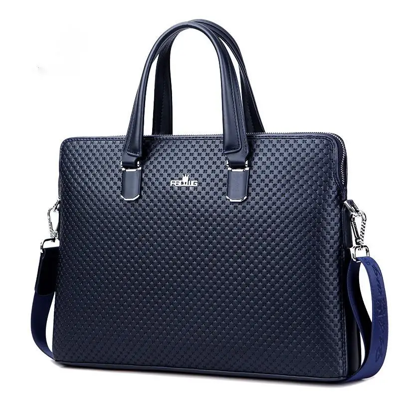 Briefcase Embossed Cross Pattern Men's Handheld Business Shoulder Crossbody Messenger Luxury Brief Genuine Leather Men Bag