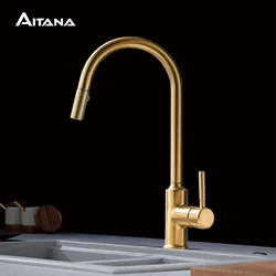 AITANA-torneira de cozinha simples de latão dourado escovado, design puxado, alça única, fria e quente, controle duplo, torneira de pia de 2 funções