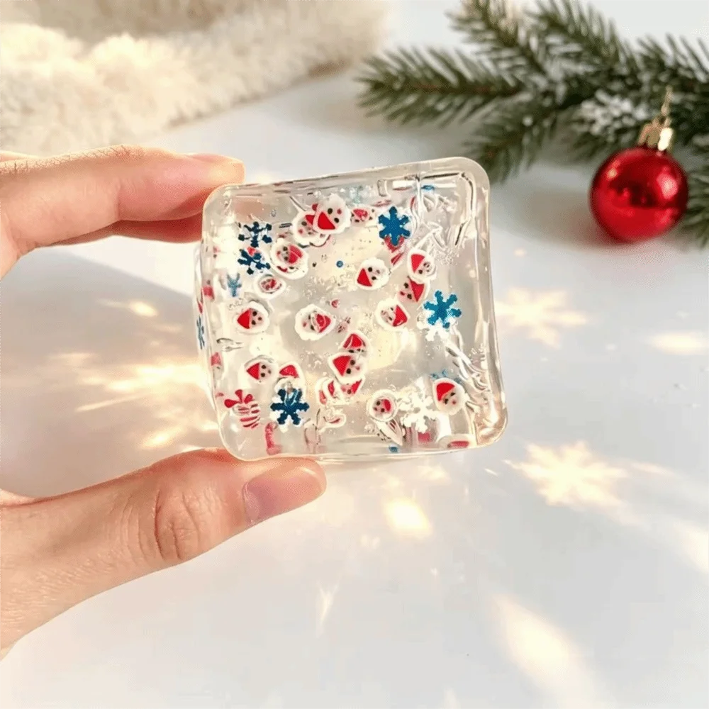 Slow Rebound Christmas Maltose Stress Relief Ice Cubes Transparent Stretchable Squishy Sensory Stress Cubes Square with Sequins