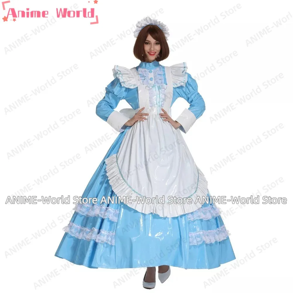 

Sissy Sexy Maid Blue Dress Lockable Cosplay White Apron High Neck PVC Robe Long Sleeved Halloween Costume Dress Customized
