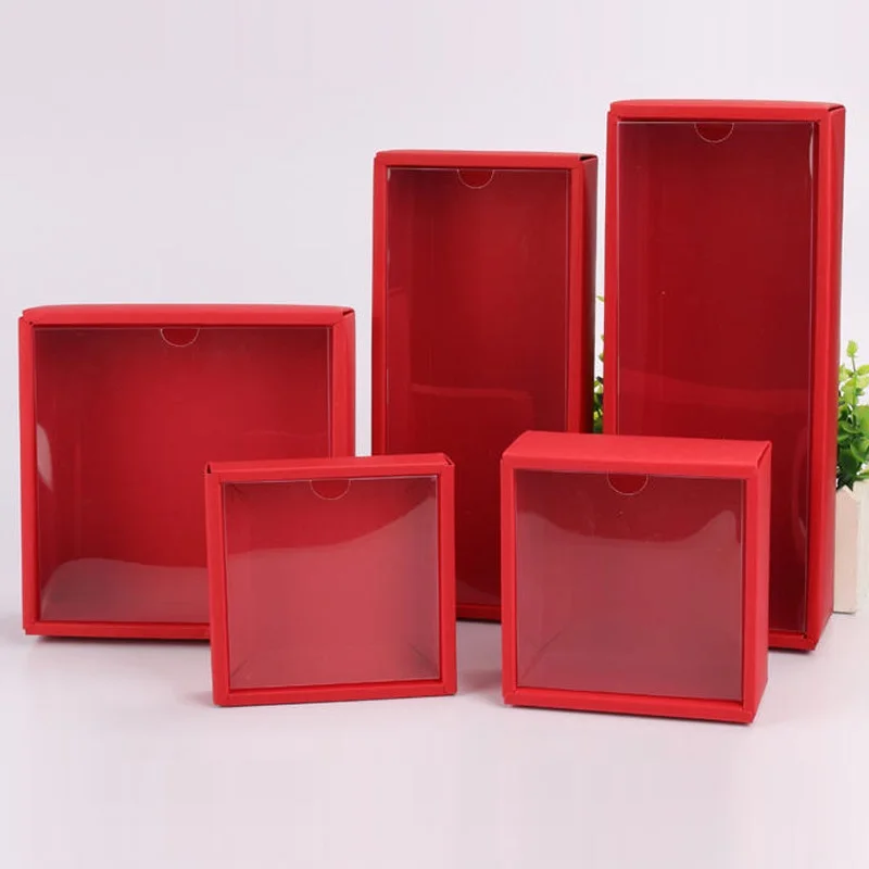10pcs Clear PVC Lid Red/White/Black/Kraft Paper Box Handmade Soap Candy chocolate biscuit boxes for wedding party gift wrap