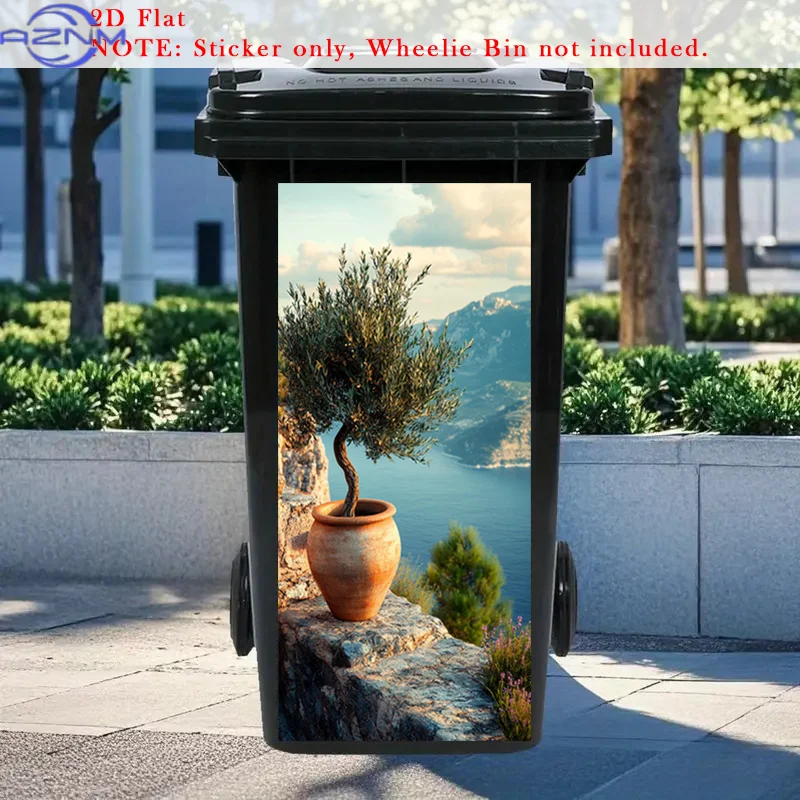 2D Flat 1pc Mediterranean Scenery Wall Painting Trash Can Stickers, Olive Tree Display Removable Self-Adhesive Trash Can Wallp