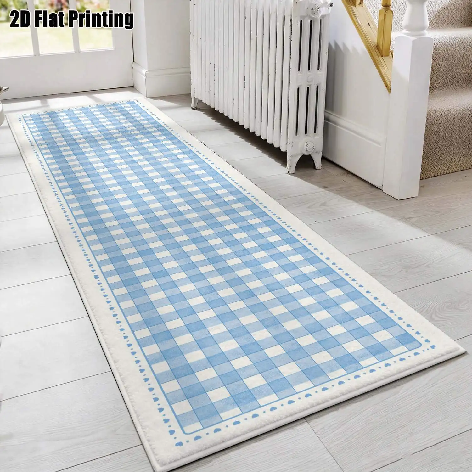 1Pc 2D Printed Blue-White Checkered Strip Runner Rug, Nordic/Instagram Minimalist Modern Geometric Style, Home Decor, Multi-Size, Machine Washable, for Entryway, Hallway, Living Room, Bedroom