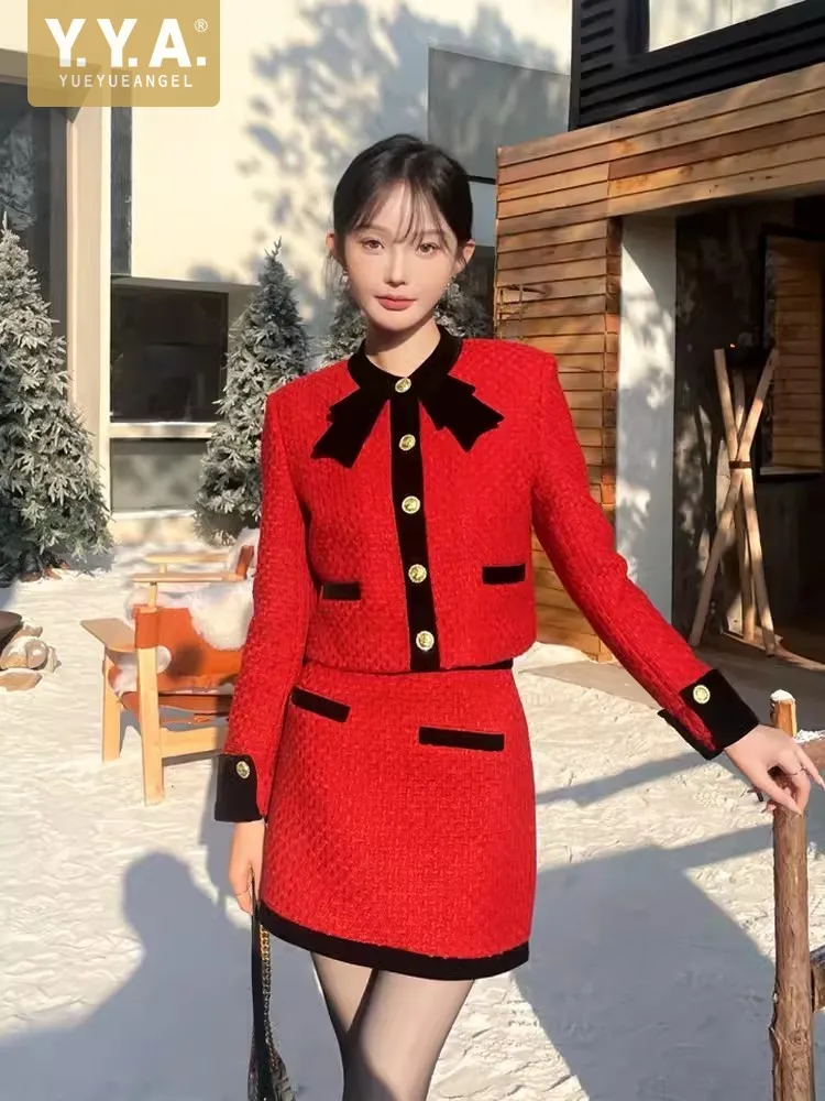 New Elegant Office Ladies Red Tweed Jacket Skirt Two Piece Set Fashion Bowknot Short Coat High Waist Skirts Women Matching Sets