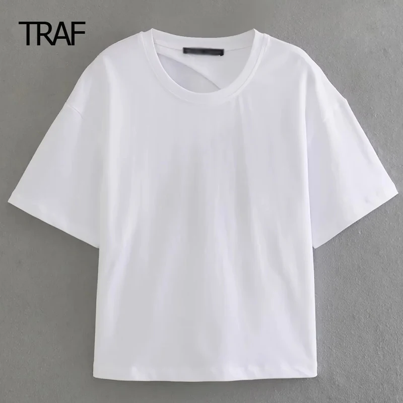 TRAF White T-Shirt Women's T-Shirt Spring Summer 2024 O-Neck Short Sleeves Backless Aesthetic Top Elegant And Youth Female Shirt