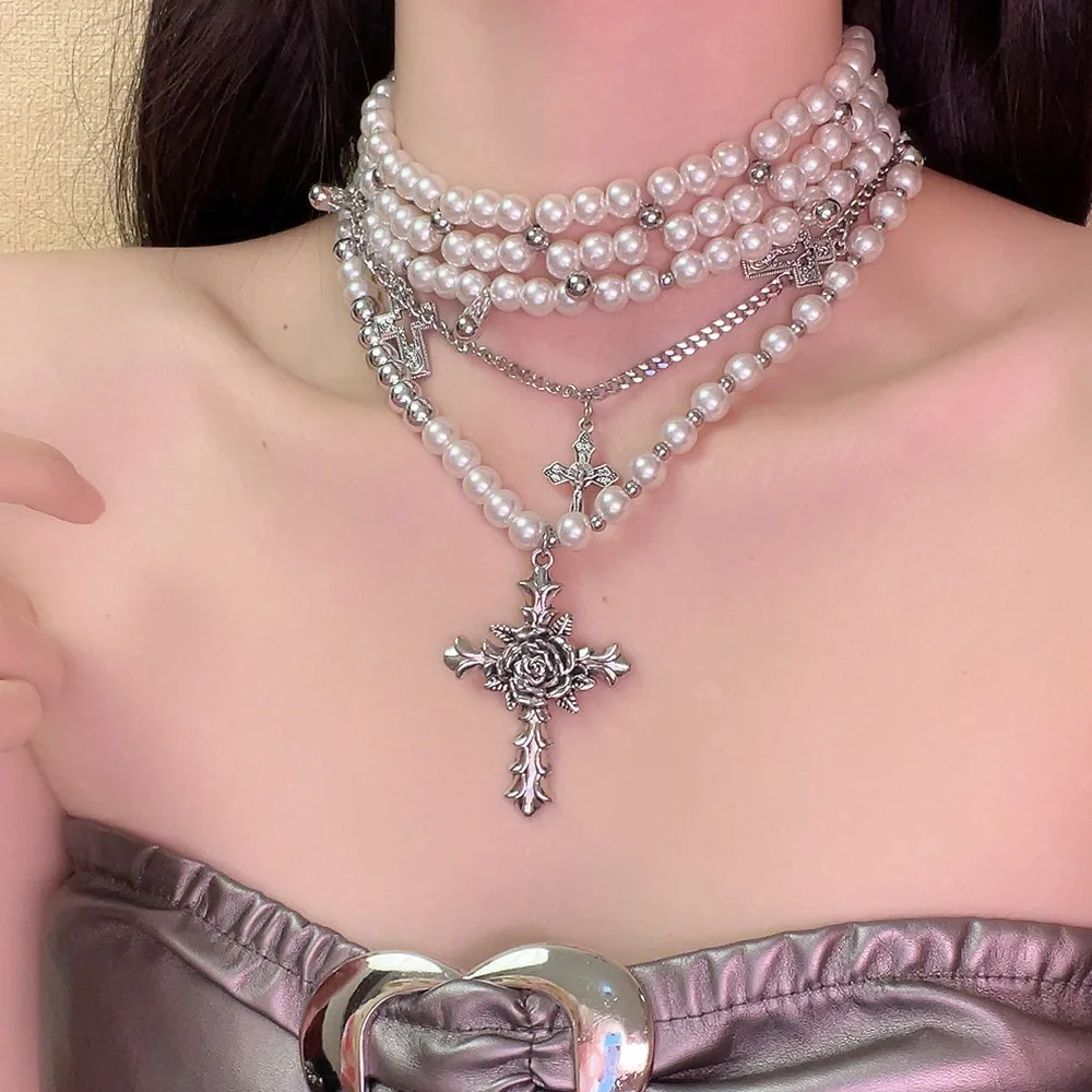 French Vintage Design Floral Cross Faux Pearl Stacking Necklace for Women Y2k Niche Holiday Party Punk Style Jewelry Accessories