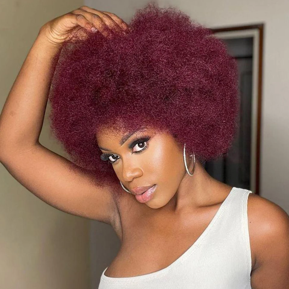 

Peruvian Human Hair Short Fluffy Afro Kinky Wave Wig For Black Women Remy Human Hair Wigs Afro Curly Wig Burgundy Natural Brown