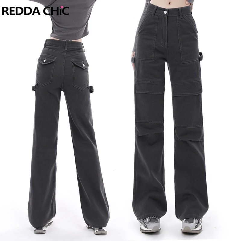 

ReddaChic Function Pocket Cargo Baggy Jeans Women Y2k 90s Retro Gary High Waist Straight Wide Leg Pants Grayu Harajuku Workwear