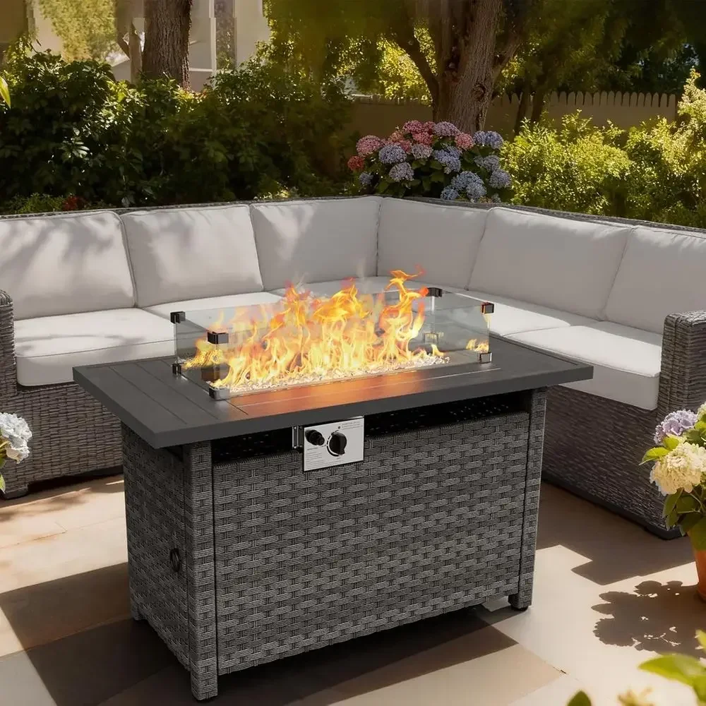 44-inch CSA Certified Auto-Ignition Propane Fire Pit Table with Waterproof Cover and Wind Guard, Suitable for Outdoor Wicker Tab