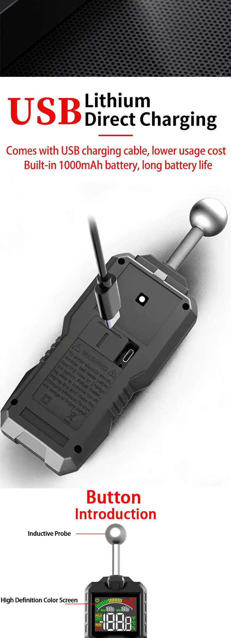 Pinless Holzfeuchtemessgerät, digitales Hygrometer, berührungsloser Holzfeuchtigkeitsdetektor, Wandfeuchtigkeitstester, Typ C, wiederaufladbar – Detail 6