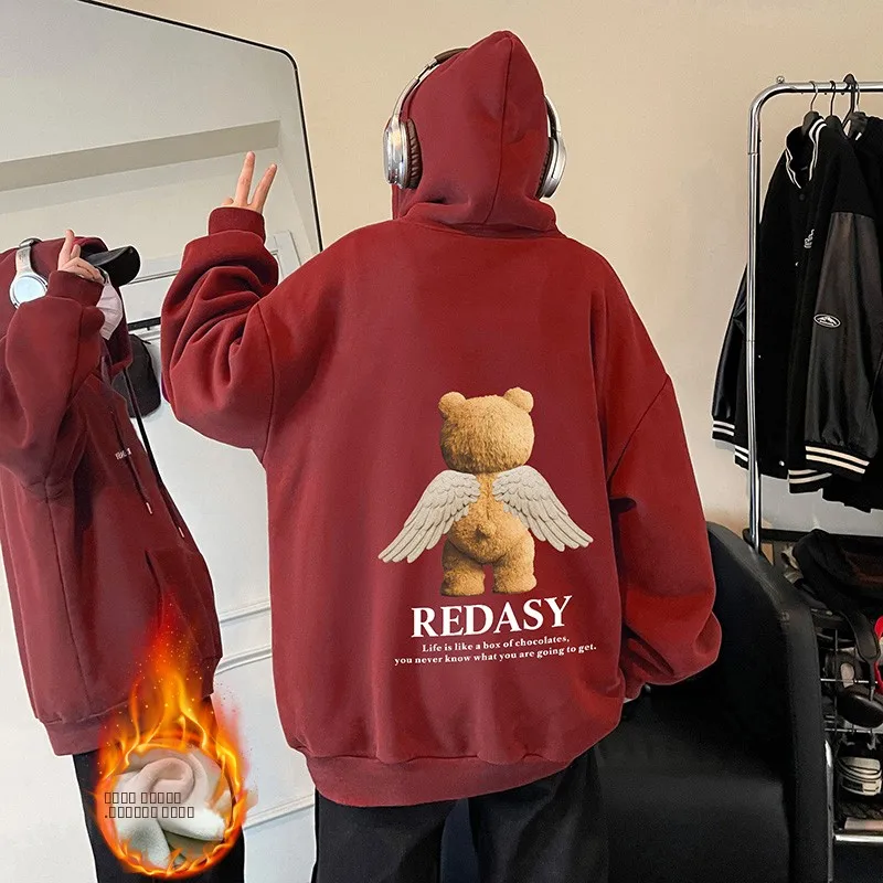

Утепленная флисовая толстовка с капюшоном для подростков, осенне-зимняя, теплая, модная, с принтом, парная одежда, свободный крой, повседневная