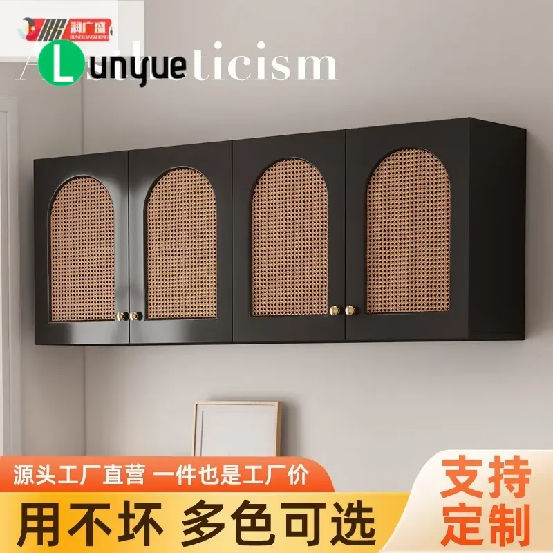 Rattan Wall Mounted Cabinet Kitchen Hanging Storage Locker for Bedroom Bathroom Space Saving Decorative Furniture Organizer