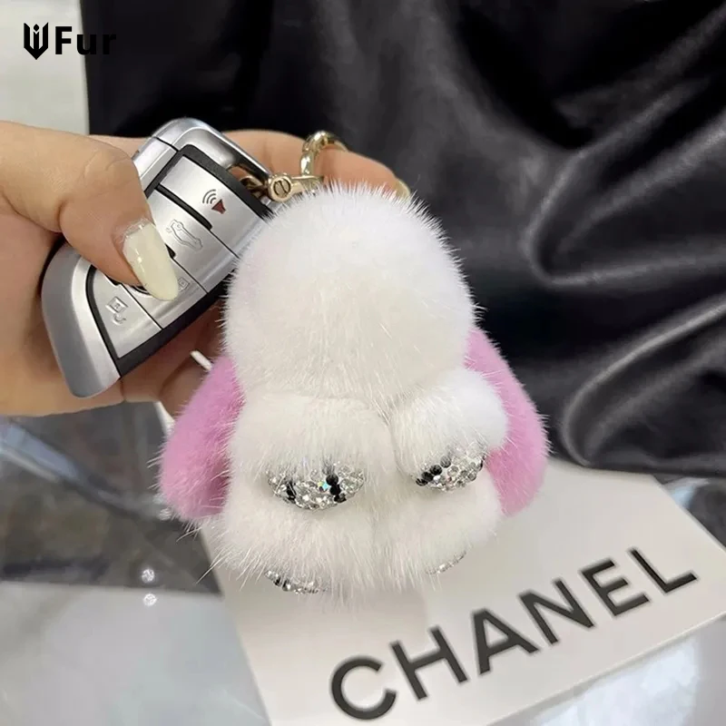 

Cute Girls Fluffy Mink Fur Mini Rabbit Keychain Crystal Pom Pom Bunny Keychain On Bag Women Car Trinket Jewelry Girlfriend Gift