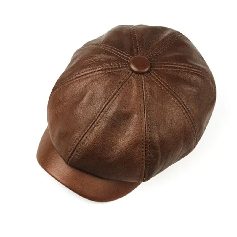 Retro Brown Hats Men Spring/Winter 100% Real Leather Warm Cap Male Beret Painter Boina Cowhide Octagonal Casquette High Quality