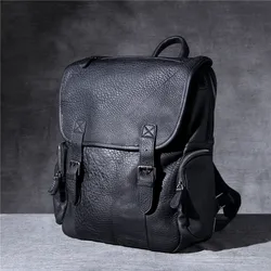 Outdoor travel high quality genuine leather men's black backpack organizer casual designer luxury natural real cowhide schoolbag