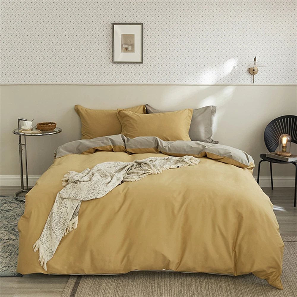 

2024 Newest Long-staple Cotton Four-piece Bed Linen Newest Plain Color Cotton Bedding Simple Nordic Style ellow Color