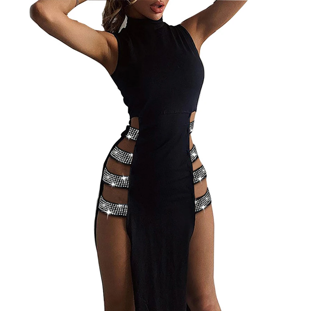 Women Sexy Sleeveless Dress Standcollar Inlaid Bandage Side High Slit Hollow Night Club Sexy Dress Elegant Lady Clothes