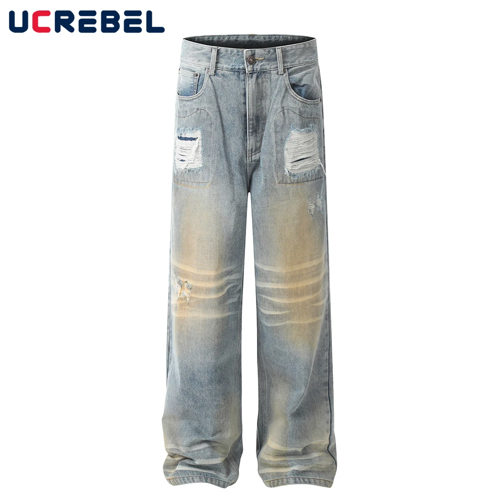 

Ripped Beggar Jeans Mens Washed Distressed High Street Straight Loose Wide leg Denim Pants Men Trousers