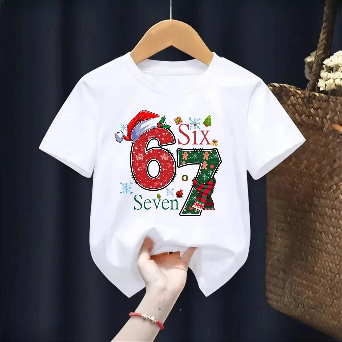 Kids Christmas Hat Scarf SIX SEVEN Graphic T-Shirt, Soft Cotton, Holiday Wear for Boys & Girlstk0113